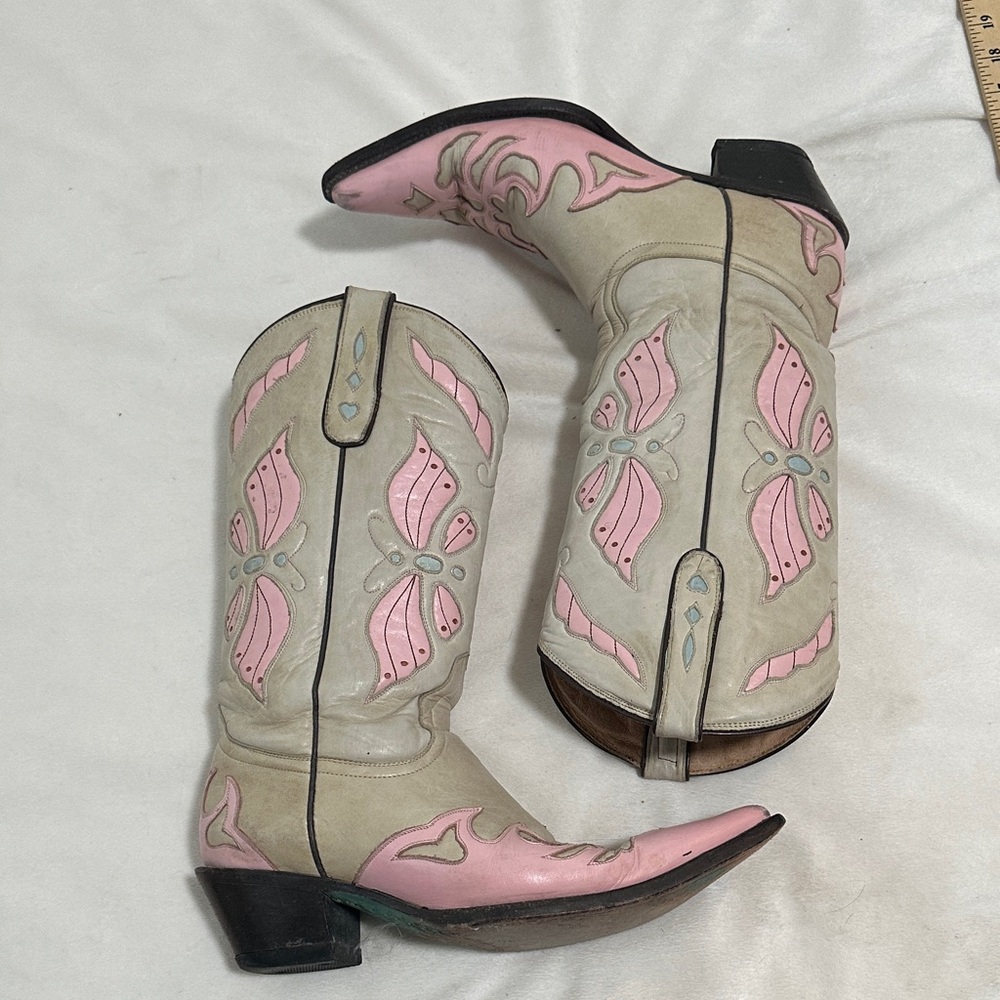 Pink and Cream Heeled Cowboy Boots